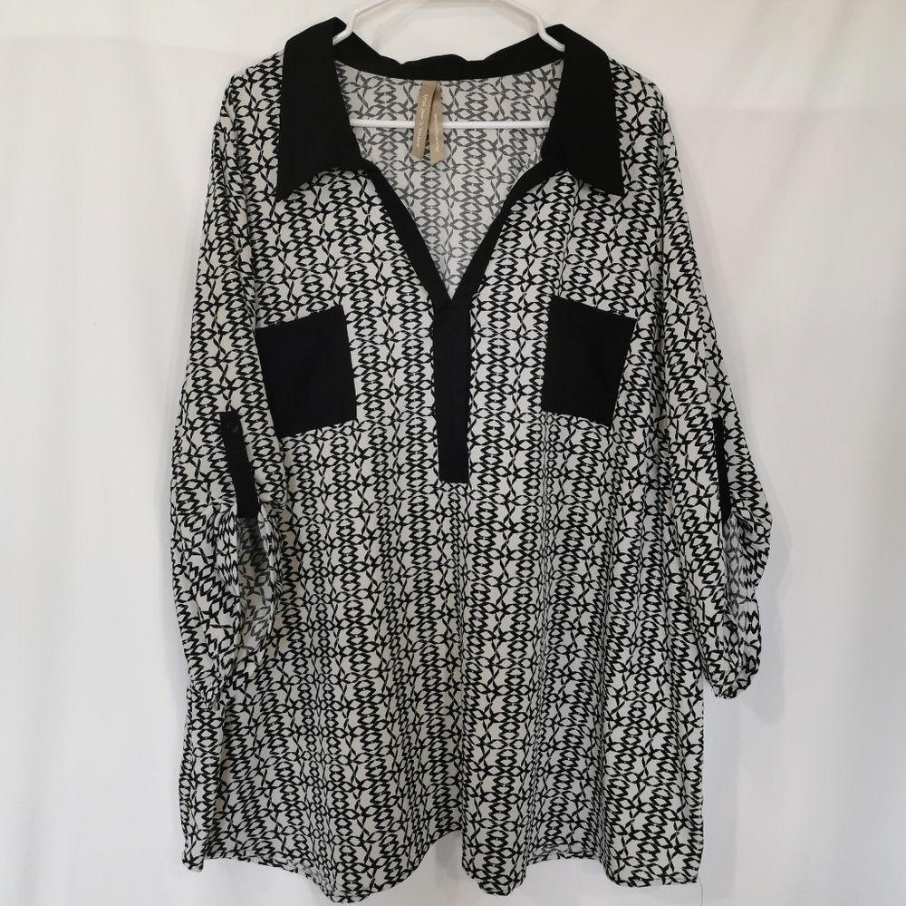 Penningtons Collared Split V-Neck 3/4 Blouse Black/White-Sz 4X Open To Offers